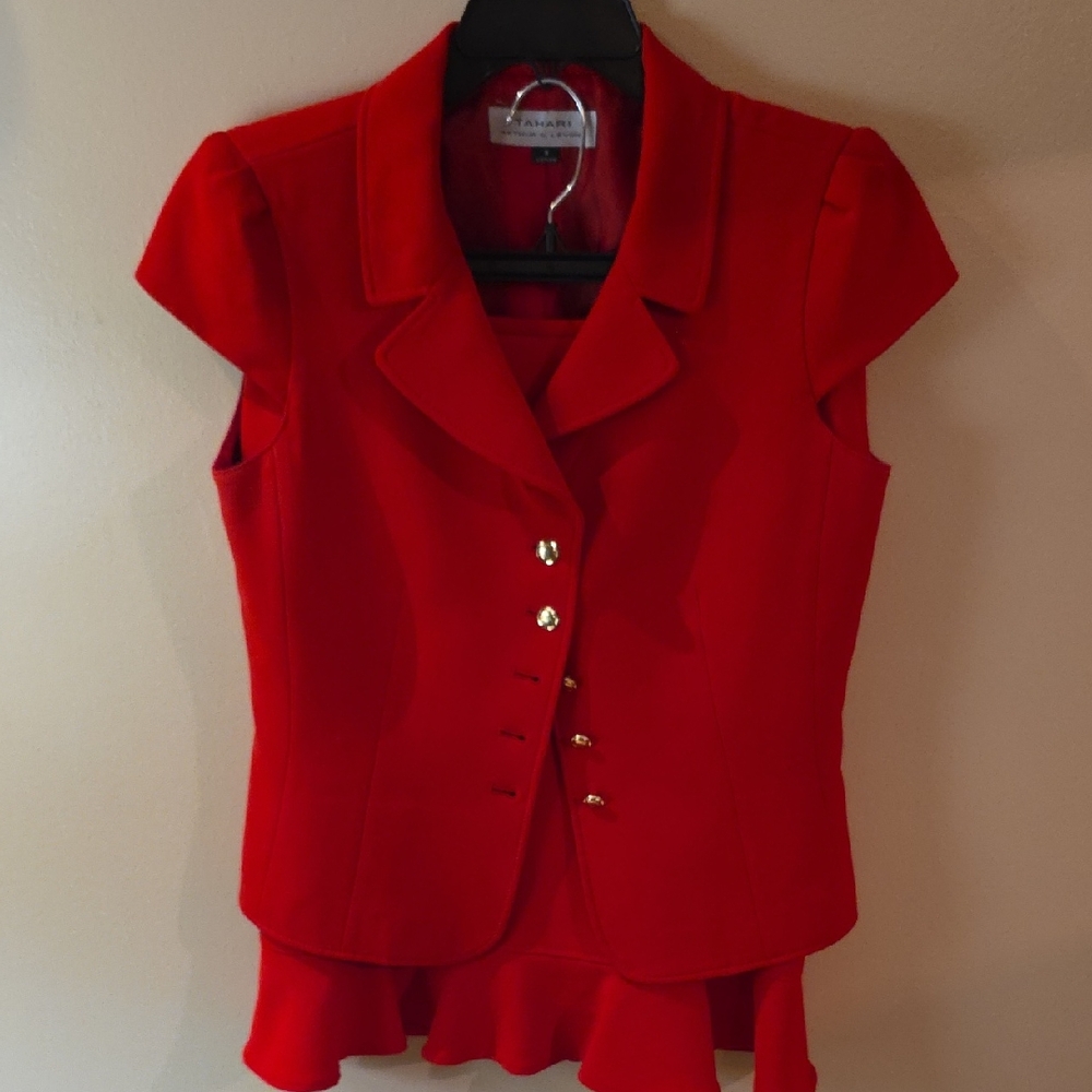 Tahari Vibrant Red Skirt Set with Gold Accents